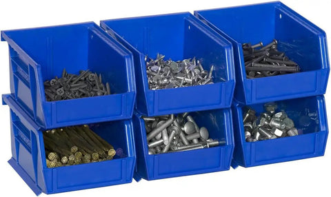 Stackable Plastic Storage Bins For Garage Pantry And Craft Organization 5 By 4 By 3 Inch Blue 6 Pack filled with screws