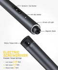 Close-up of an electric screwdriver showing screw in/out button, anti-slip coating, and torque settings for 0.05/0.2 Nm with circular LED light.