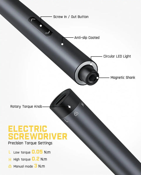 Close-up of an electric screwdriver showing screw in/out button, anti-slip coating, and torque settings for 0.05/0.2 Nm with circular LED light.