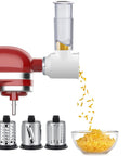All In One Slicer Shredder Attachment For Stand Mixers Veggie Cheese Grater And Salad Maker Food Slicer Accessory Easy Clean Dishwasher Safe Built For Home Chefs Who Hate Messy Prepping attached to red mixer shredding cheese into bowl