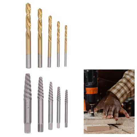 Heavy Duty 10 Piece Screw Extractor Set With Left Hand Drill Bits Perfect For Breaking Loose Stripped Or Broken Screws In Metal And Wood Surfaces Including CR MO Spiral Flute Bits Plus Storage Box For Easy Garage And Shop Jobs, 5 bits 5 extractors