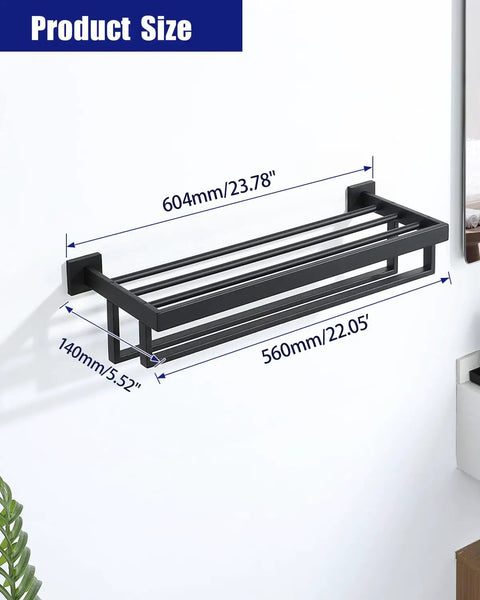 Double 24 Inch Towel Rack Matte Black For Bathroom Wall Mount Stainless Steel SUS304 in modern bathroom setting with dimensions shown.