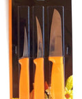 Professional Pop Art Carving Knife Set Three Piece Stainless Steel Blades sharp kitchen tool in packaging with orange handles.