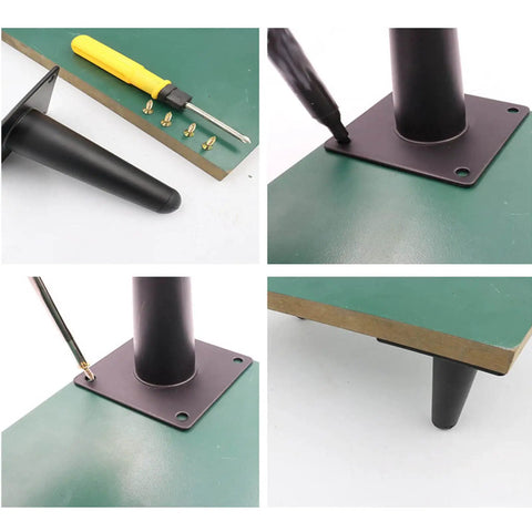 Installation process of Heavy Duty Iron Furniture Caster Legs with Ball Bearing Wheels on a green tabletop.