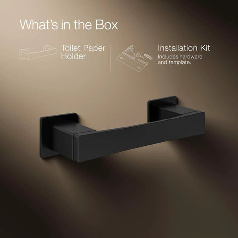 Honesty Pivoting Toilet Paper Holder With Quick Change Action And Clean Square Lines For A Sleek Modern Bath shown in box contents