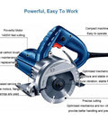 Pro Grade Stone Cutting Machine Featuring A Hella Powerful 1400 Watt Motor And Rapid 13200 RPM Speed, showing motor and blade details.