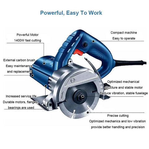 Pro Grade Stone Cutting Machine Featuring A Hella Powerful 1400 Watt Motor And Rapid 13200 RPM Speed, showing motor and blade details.