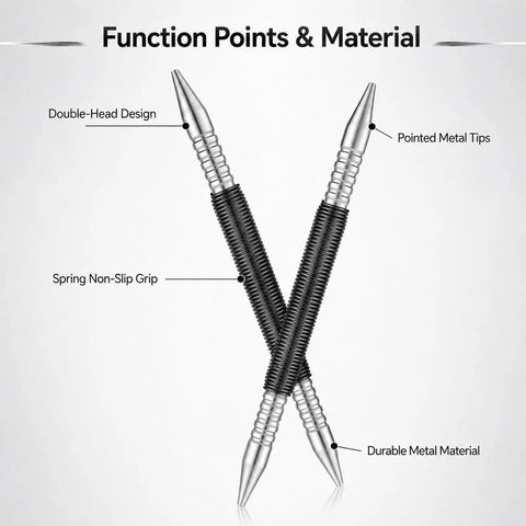 Pro Quality Two Piece Nail Setter Kit Featuring Dual End Spring Loaded Center Punch Tools with pointed metal tips and non-slip grip.