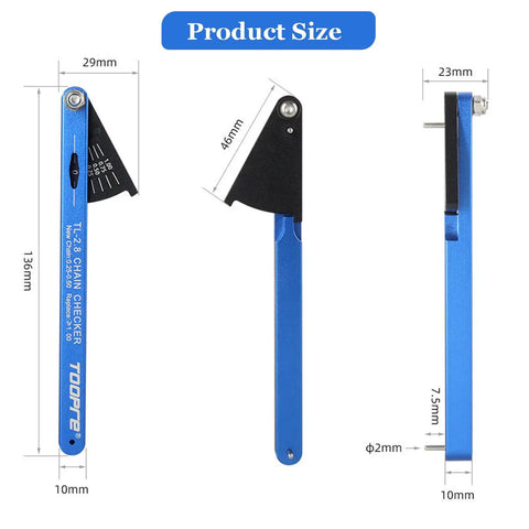 All-In-One Bike Chain Wear Gauge And Checker Tool showing dimensions and side view in blue aluminum alloy.