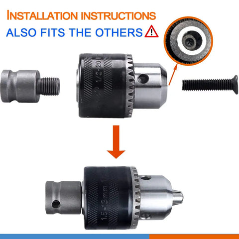 Installation of Beefy Keyed Drill Chuck Adapter Kit 1/2 Inch 20UNF with SDS Plus Shank and 1/4 Inch Hex Shank for rotary tools.