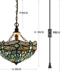 Sea Blue Stained Glass Dragonfly Tiffany Pendant Light Plug In 12 Inch Hanging Lamp For Island Kitchen Bar Hallway Dining Bedroom Entryway Home Office UL Listed S147 Series, dimensions shown