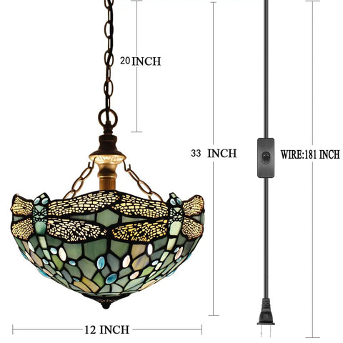 Sea Blue Stained Glass Dragonfly Tiffany Pendant Light Plug In 12 Inch Hanging Lamp For Island Kitchen Bar Hallway Dining Bedroom Entryway Home Office UL Listed S147 Series, dimensions shown