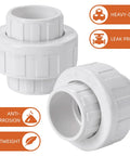 White PVC union fittings with labels for heavy-duty, leak-proof, anti-corrosion, lightweight features, Twenty Pack Three Quarter Inch PVC Union Fittings Socket To Socket Slip Union Connector For Schedule 40 PVC Pipe With EPDM O Ring Adapter Plug And Play Easy Two Pipe Connection
