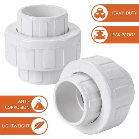 White PVC union fittings with labels for heavy-duty, leak-proof, anti-corrosion, lightweight features, Twenty Pack Three Quarter Inch PVC Union Fittings Socket To Socket Slip Union Connector For Schedule 40 PVC Pipe With EPDM O Ring Adapter Plug And Play Easy Two Pipe Connection