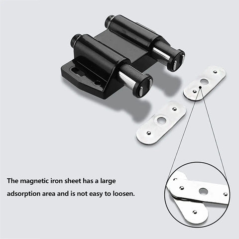 Push To Open Magnetic Cabinet Latch With Heavy Duty Spring Door Catch And Drawer Closer displayed with metal plates