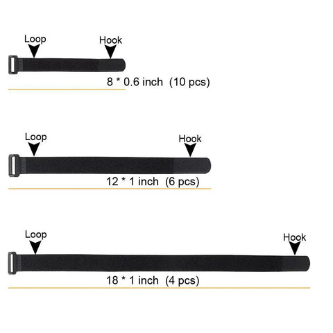 20 Pack Reusable Hook And Loop Cable Ties Set In 8 12 And 18 Inch Sizes With D Ring Buckles For Quick Cable Organization