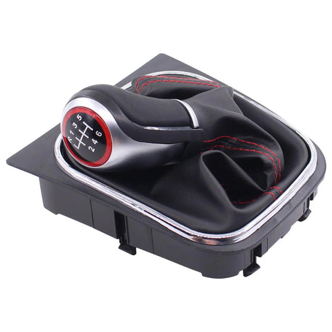 Black Leather Gear Shifter Knob Boot Cover With Red Stitching For Volkswagen Jetta 2006-2014 GTI 6 Speed Manual Shift Knob