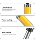Premium 1 Pc 12Mm Shank Pattern Router Bit With Dual Top Bottom Bearings For Smooth Guided Trim On Wood Carving And DIY Projects Featuring Solid 3/4In Cutter Diameter For Super Duper Results showing carbide blade, Teflon coating, and alloy handle details.