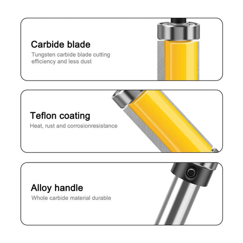 Premium 1 Pc 12Mm Shank Pattern Router Bit With Dual Top Bottom Bearings For Smooth Guided Trim On Wood Carving And DIY Projects Featuring Solid 3/4In Cutter Diameter For Super Duper Results showing carbide blade, Teflon coating, and alloy handle details.