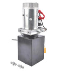 Beefed-Up 4 Quart Hydraulic Power Unit With 12V DC Motor, 1.6-3.0KW, 3200 PSI Output, Double Acting Electric Hydraulic Pump, front view.