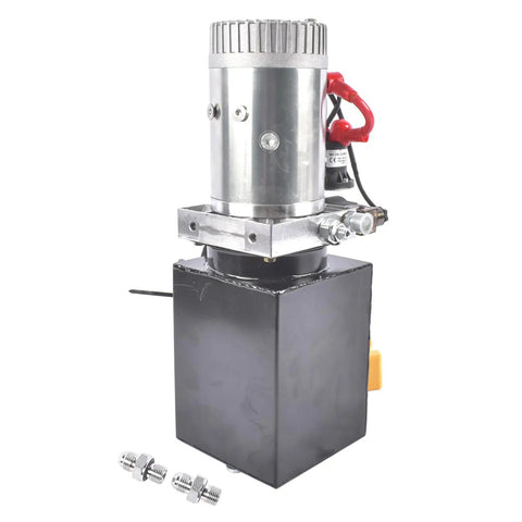 Beefed-Up 4 Quart Hydraulic Power Unit With 12V DC Motor, 1.6-3.0KW, 3200 PSI Output, Double Acting Electric Hydraulic Pump, front view.