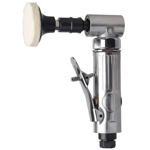 Front view of a 1/4-inch angle air die grinder with a white polishing pad, chrome pneumatic tool.