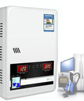 Rock Steady Automatic Voltage Stabilizer For Homes And Air Conditioners 220V Single Phase 6800W To 20000W displaying voltage readings.