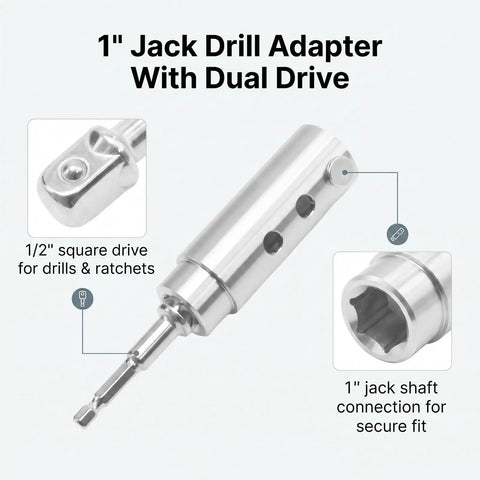 Sweat Free Trailer Jack Drill Adapter With Half Inch Socket Bit For One Inch Drive Shafts showing dual drive for RV use.