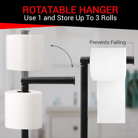 Rotatable hanger of freestanding toilet paper holder with storage, bamboo base, black metal, holds up to 3 rolls, no drilling needed.