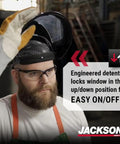 Worker adjusting MAXVIEW Premium Face Shield with 370 Speed Dial Ratcheting Headgear, ANSI Z87.1 Rated Safety Shield for grinding.