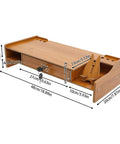 Transform Your Workspace With These Solid Wood Monitor Risers Featuring A Lockable Storage Drawer With Secure Laptop Stand built like iron with measurements shown.