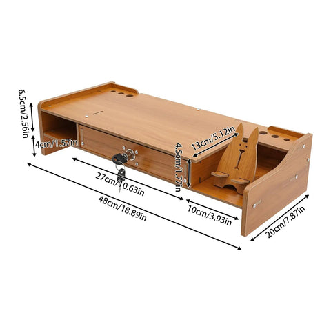 Transform Your Workspace With These Solid Wood Monitor Risers Featuring A Lockable Storage Drawer With Secure Laptop Stand built like iron with measurements shown.