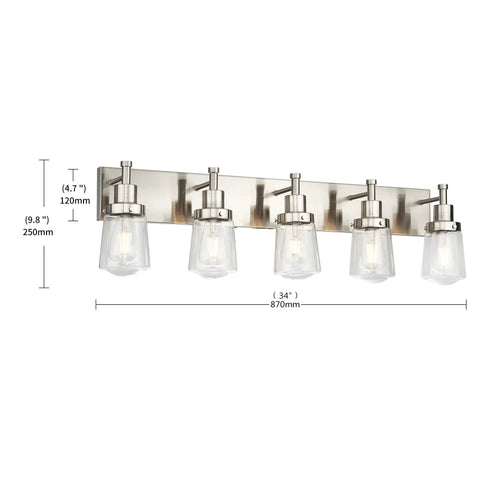 Five Light Brushed Nickel Vanity Light Fixture With Clear Glass Shade Over Mirror For Bathroom with dimensions