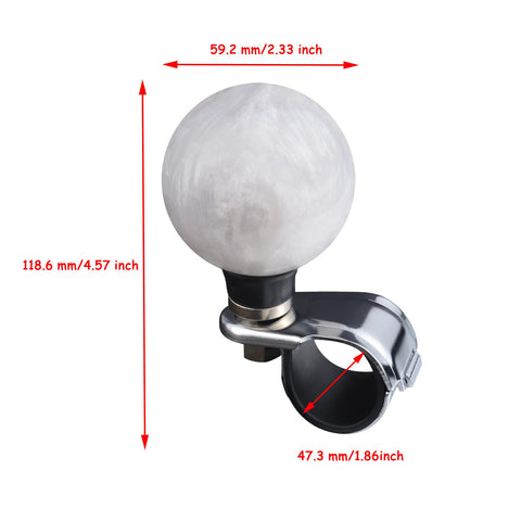 Steering Wheel Spinner Knob Power Booster For Easy One Hand Drive Suicide Knob Grip With Billiards Ball Style Handle Smooth Turn Helper For Lawn Mowers Forklifts Tractors White, showing dimensions and clamp for installation.
