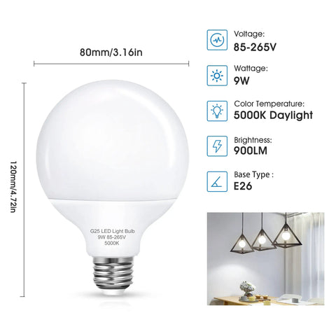 G25 LED Vanity Globe Bulb 100W Equivalent, 9W, 5000K Daylight White, E26 base, details and size guide shown