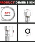 Product dimensions of Stainless Steel Braided Ice Maker Water Line Five Foot Burst Proof Hose With Food Grade PVC Inner Tube Easy Install.