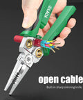 Close-up of green and black 8 In 1 Wire Stripping Pliers With Built In Voltage Tester 12V To 250V, shown with open cable wires