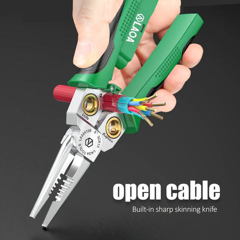 Close-up of green and black 8 In 1 Wire Stripping Pliers With Built In Voltage Tester 12V To 250V, shown with open cable wires
