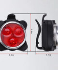 Side and front view of two pack USB rechargeable bike lights waterproof IP65 with dimensions