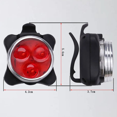 Side and front view of two pack USB rechargeable bike lights waterproof IP65 with dimensions