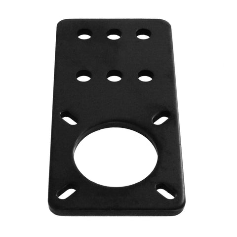 Black aluminum NEMA17 stepper motor mounting plate with large central hole and six small mounting holes (front view).