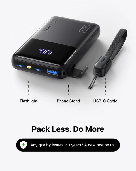 Throw This Compact 10000 Mah Power Bank In Your Pocket For Immediate Relief Packs 45W Usb C Pd Fast Charge For Phones Consoles And Laptops with built-in flashlight and phone stand.