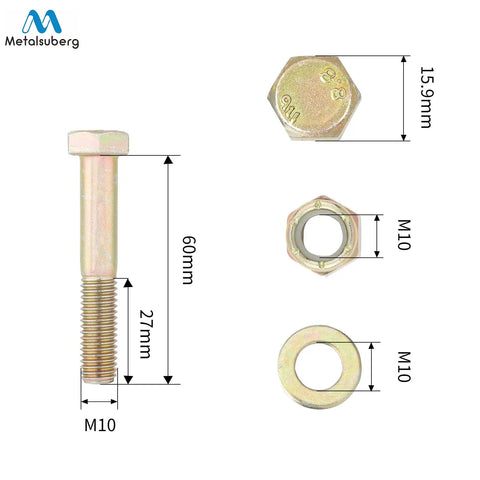 M10 x 60mm Hex Head Bolts With Nylon Lock Nuts And Flat Washers Color Galvanized Alloy Steel Grade 8.8 Partial Thread 8 Piece Assortment Kit