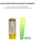 Heavy Duty 23A 12V Alkaline Batteries 5 Pack Runs Forever For Garage Door Openers And Remote Controls showing battery with quality guarantee.