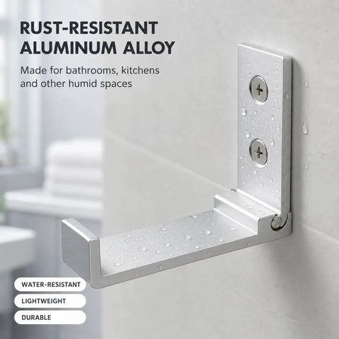 Legit Heavy Duty Folding Wall Hooks 4 Pack Silver Aluminum Alloy Flip Down Coat Rack mounted in a bathroom with water droplets.
