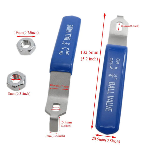 Stainless Steel Ball Valve Handle DN20 Water Valve Lever for Outdoor Faucet Replacement Kit, anti-slip ergonomic grip, size details shown.