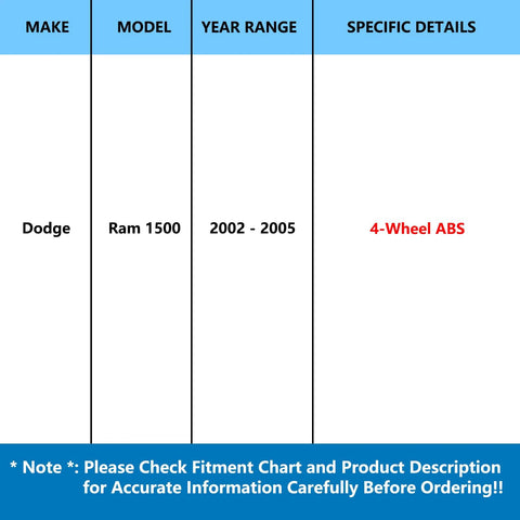 Fitment chart for Front Wheel Bearing And Hub Assembly For Dodge Ram 1500 2002 2003 2004 2005 Beefy Heavy Duty Wheel Hub