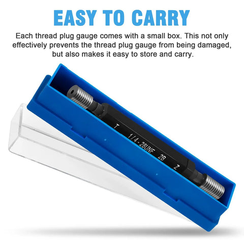 Five Piece Imperial Thread Plug Gauge Set Pro Grade 2B Unified Thread Gauges With Boxes For Pros Go No Go For Internal Thread Detection Covers One Quarter To One Half Inch UNC And UNF Sizes, shown in protective plastic box.