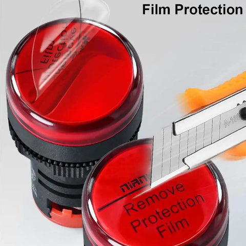 Close-up of red 12-Pack 22mm LED Indicator Lights 12-24V AC DC with protective film being removed, ideal for status alerts.