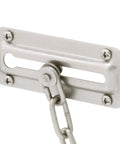Close-up of door guard with steel chain for inward swing doors in satin nickel heavy duty diecast and steel construction built to last